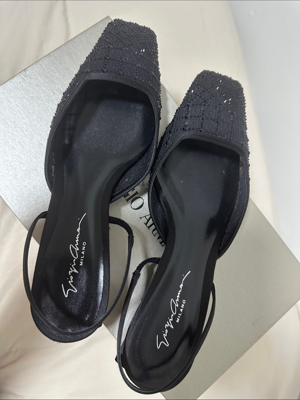 Giorgio Armani Black Embellished Square-Toe Slingback Flats
